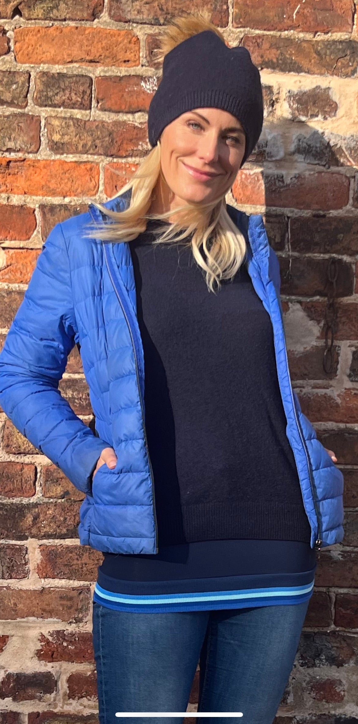 Navy, blue and light blue striped band